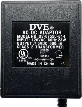 Dve Dv-07550-b14 Ac/dc Adaptor 7.5v 500ma Power Supply Class 2 Transformer Oem