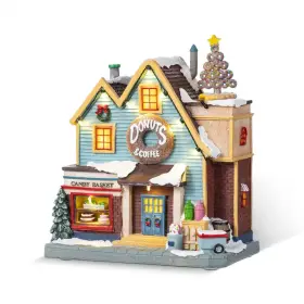Glitzhome 711181562026 10.25 Inch Lighted Donuts And Coffee Shop Resin Christmas Village With Movement A